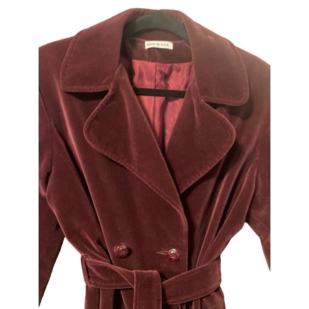 VTG B. Altman & Co Oneup Women's Burgundy Velvet Long Trench Coat Belt PKTS USA - Picture 5 of 9